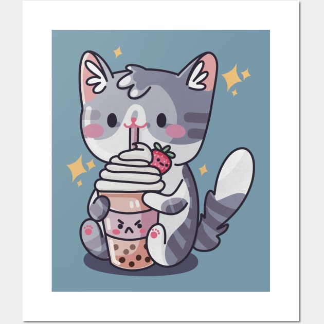 Boba Cat - Kawaii Cat sipping Bubble Tea Wall Art by Feline Emporium